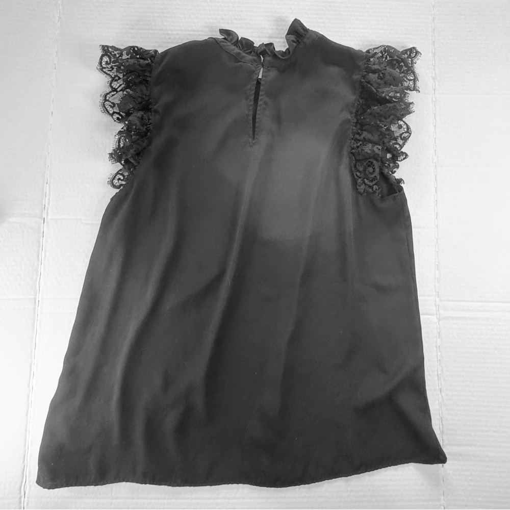 Express Black Lace Sleeve Blouse Ruffle Neck Sleeveless Top Size M Elegant Chic - Picture 11 of 11